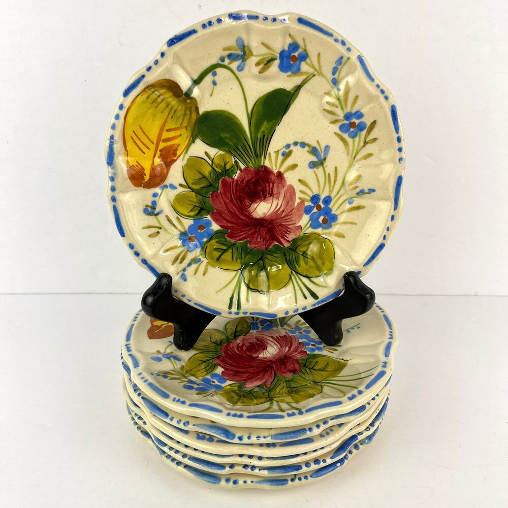 Renaissance Revival Rose Italian Dessert Plates Set of 7 Floral Hand Painted